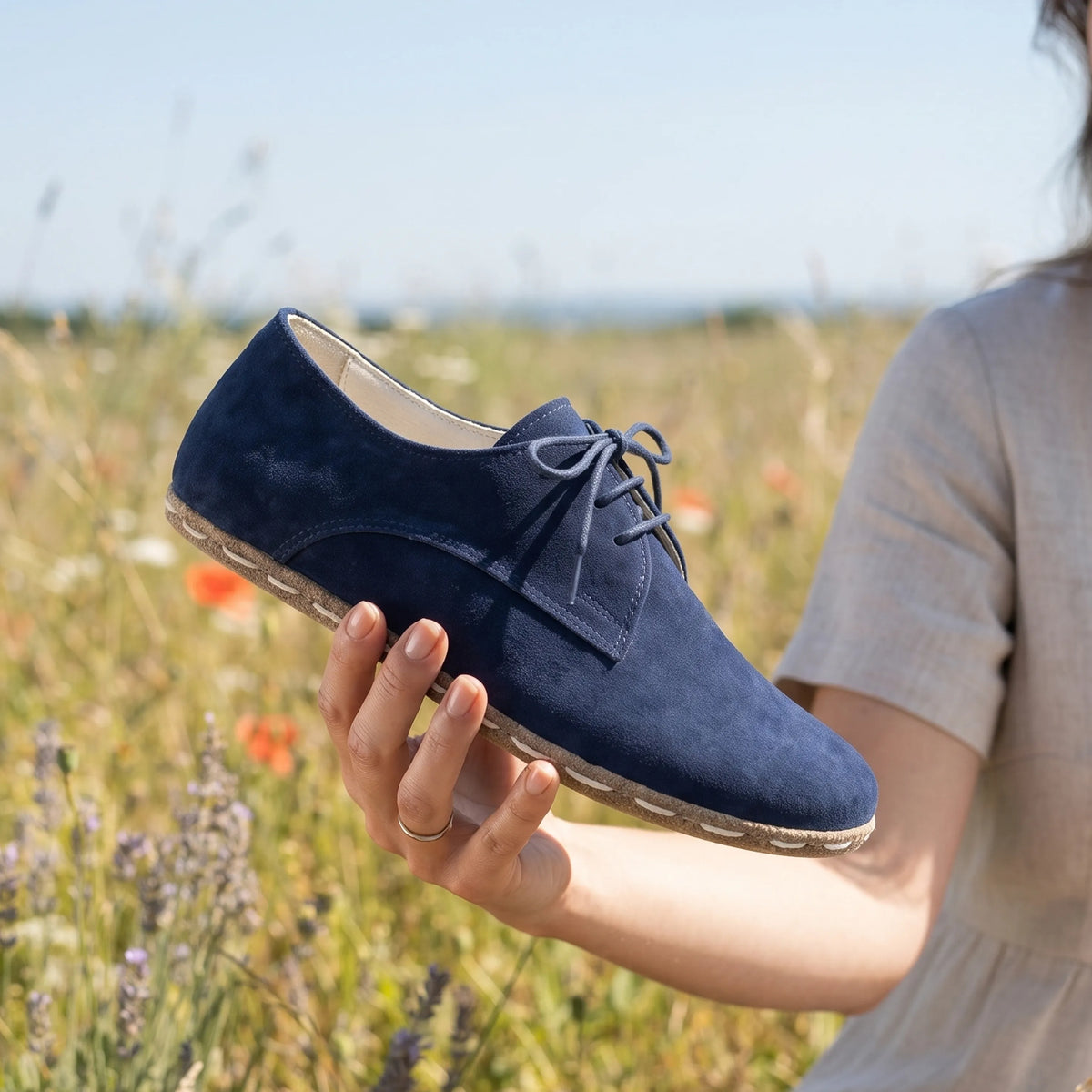 Suede Barefoot Oxford Shoes — Leather Sole – Navy Blue