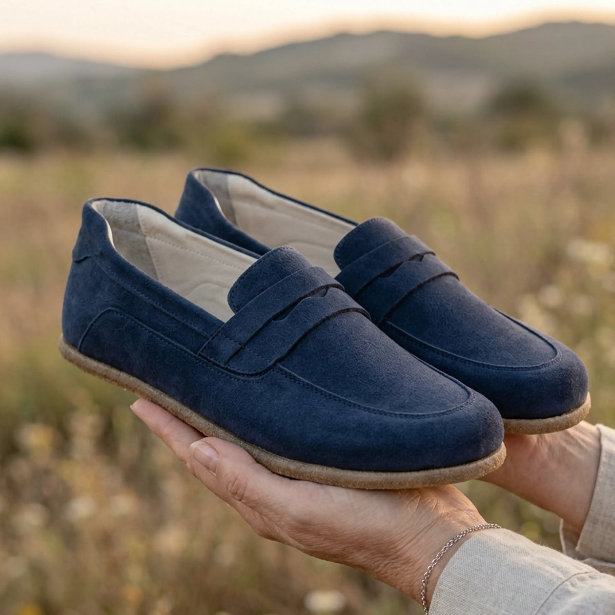 Suede Barefoot Penny Loafer Shoes – Classic Sole — Leather Sole – Navy Blue