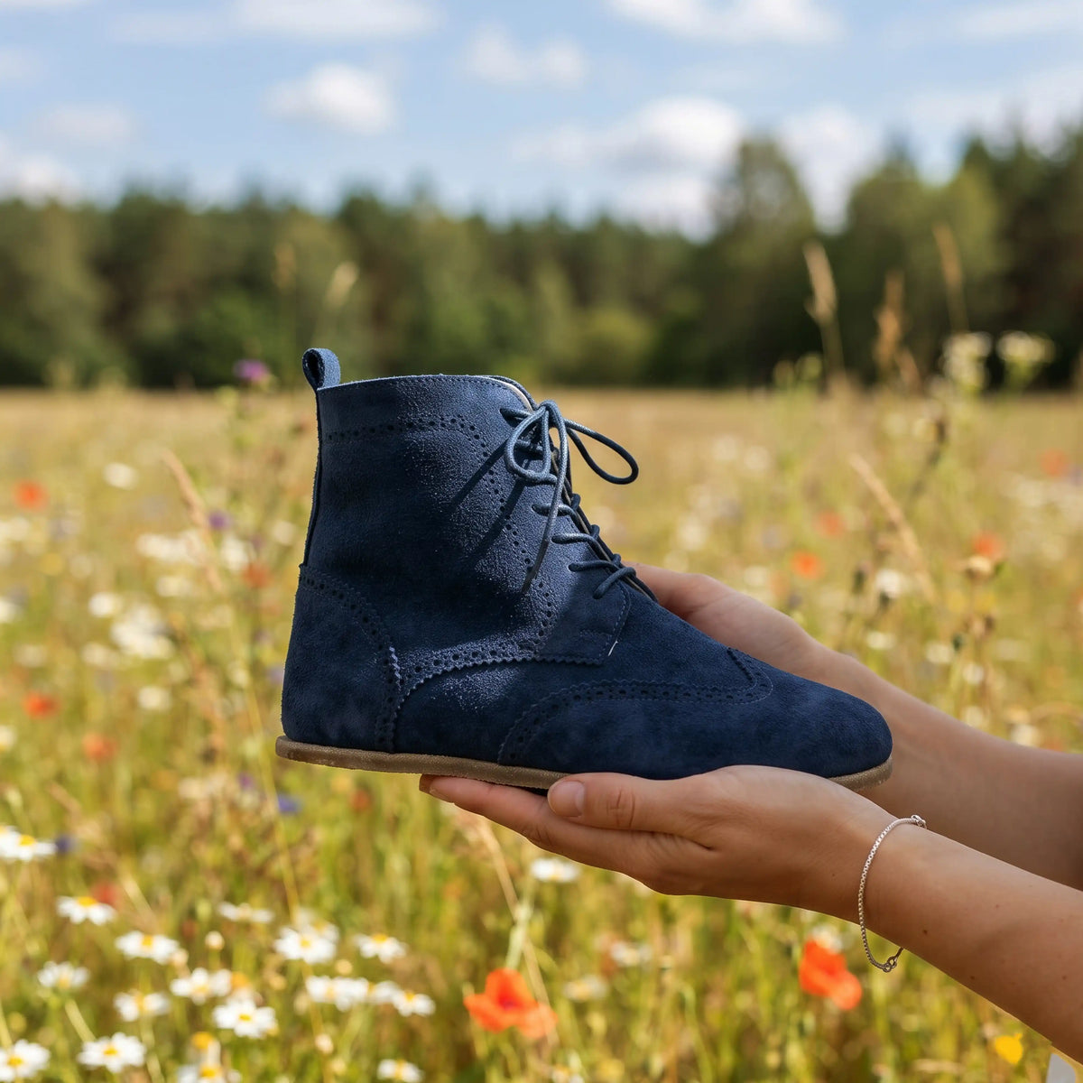 Suede Barefoot Moccasin Boots Shoes – Classic Sole — Leather Sole – Navy Blue