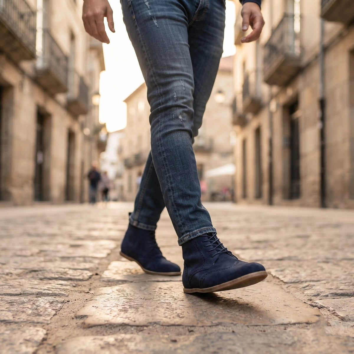 Suede Barefoot Moccasin Boots Shoes – Classic Sole — Leather Sole – Navy Blue