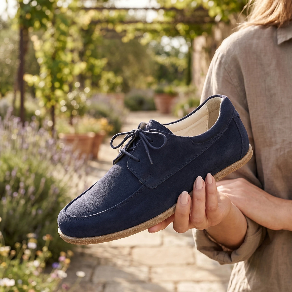 Suede Barefoot Laces Penny Loafer Shoes – Classic Sole — Leather Sole – Navy Blue