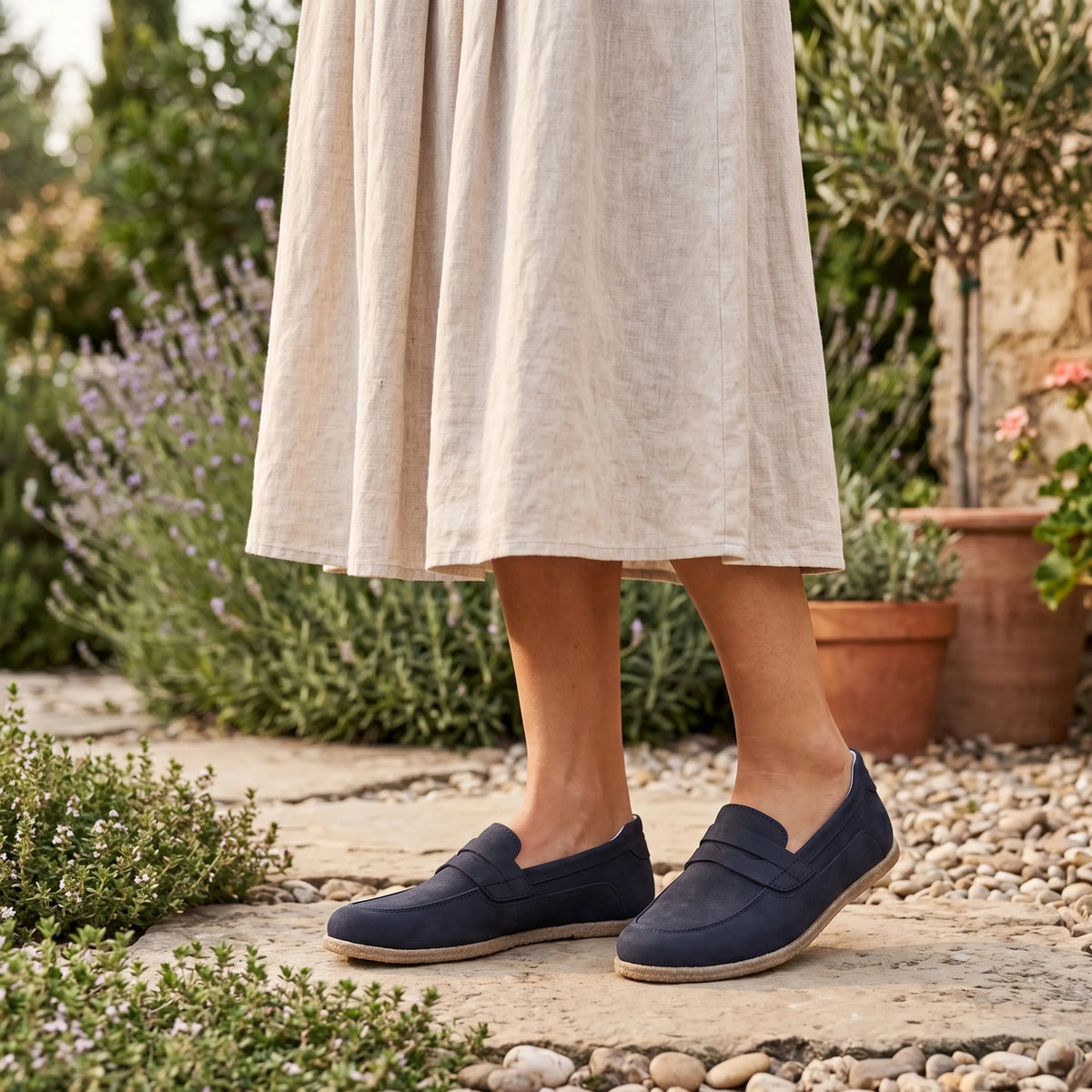 Nubuck Barefoot Penny Loafer Shoes – Classic Sole — Leather Sole – Navy Blue