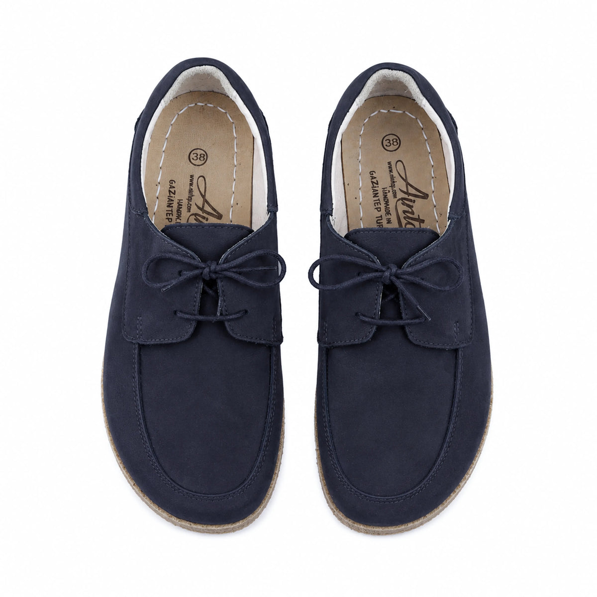 Nubuck Barefoot Laces Penny Loafer Shoes – Classic Sole — Leather Sole – Navy Blue