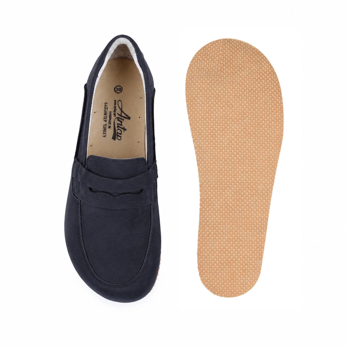 Nubuck Barefoot Penny Loafer Shoes – Rubber Sole – Navy Blue