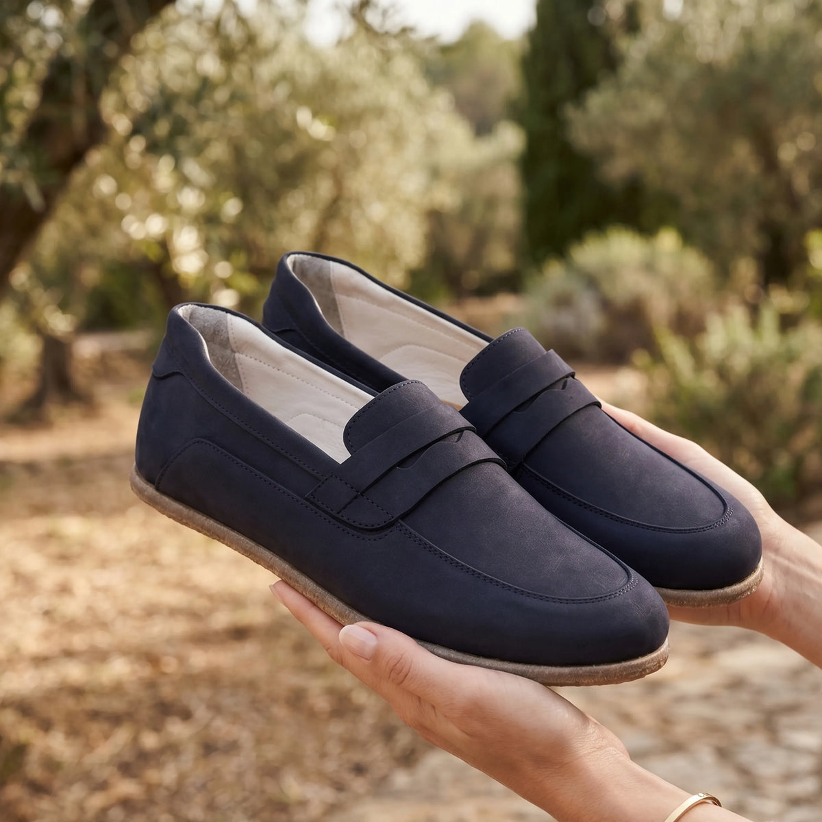 Nubuck Barefoot Penny Loafer Shoes – Classic Sole — Leather Sole – Navy Blue