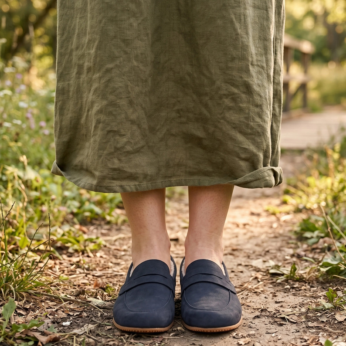 Nubuck Barefoot Penny Loafer Shoes – Rubber Sole – Navy Blue