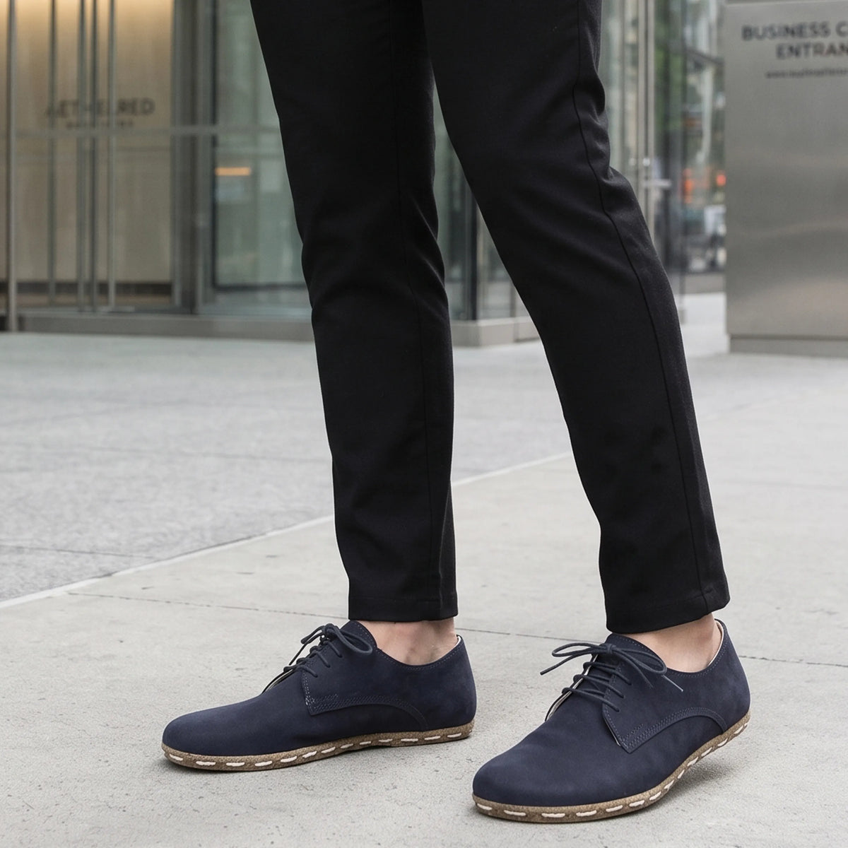 Nubuck Barefoot Oxford Shoes — Leather Sole – Navy Blue