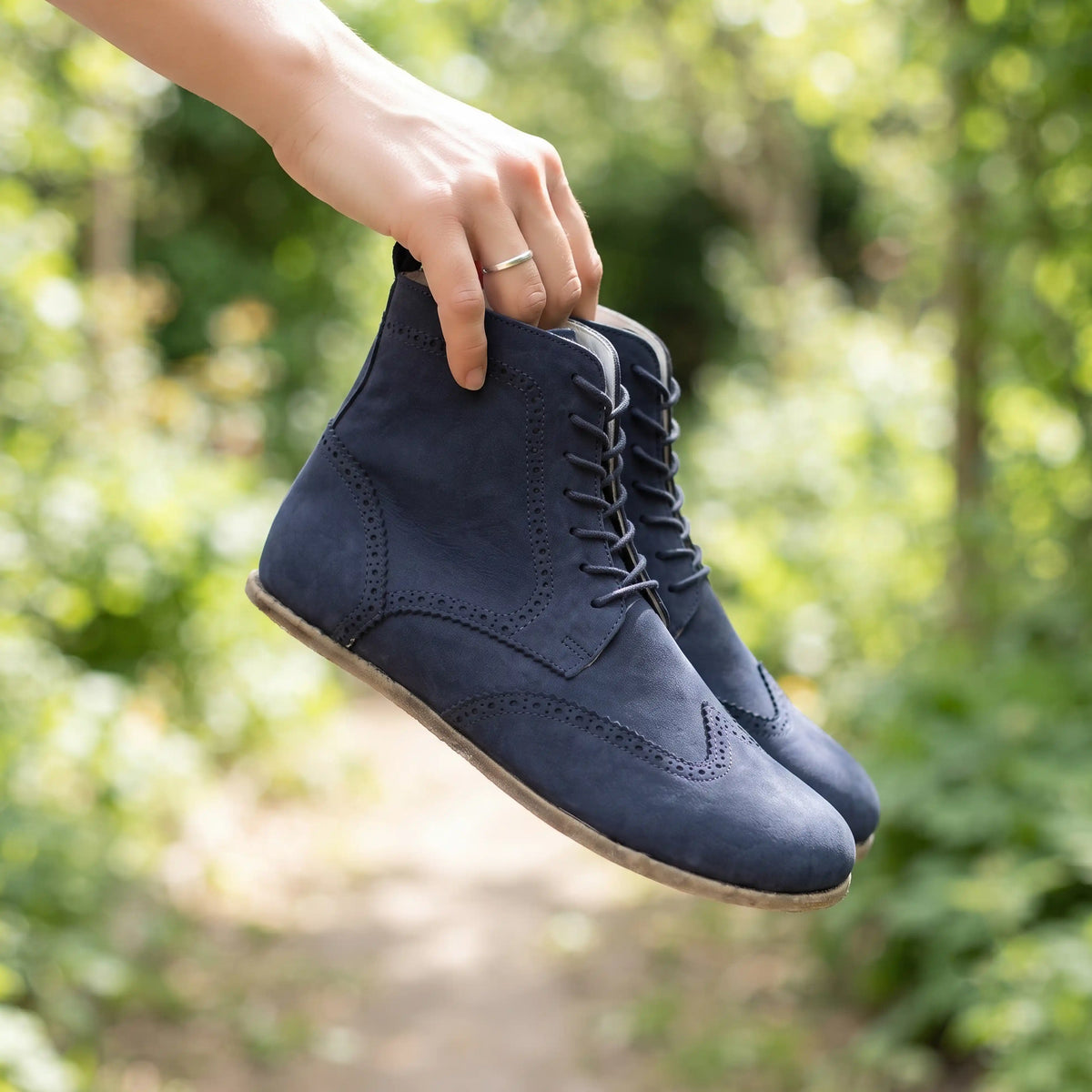 Nubuck Barefoot Moccasin Boots Shoes – Classic Sole — Leather Sole – Navy Blue