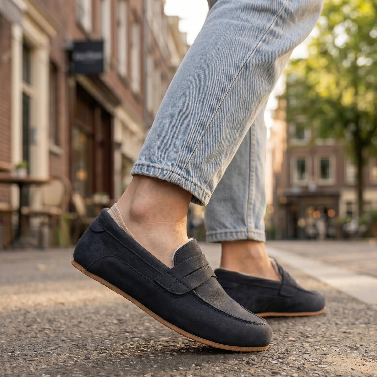 Nubuck Barefoot Penny Loafer Shoes – Rubber Sole – Navy Blue