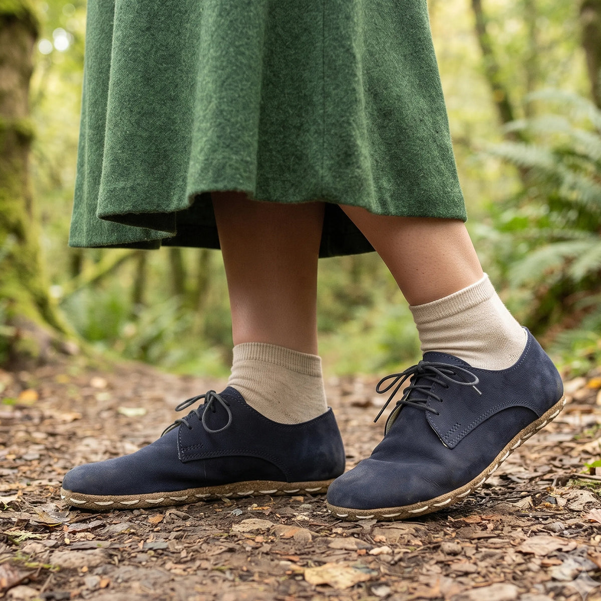 Nubuck Barefoot Oxford Shoes — Leather Sole – Navy Blue