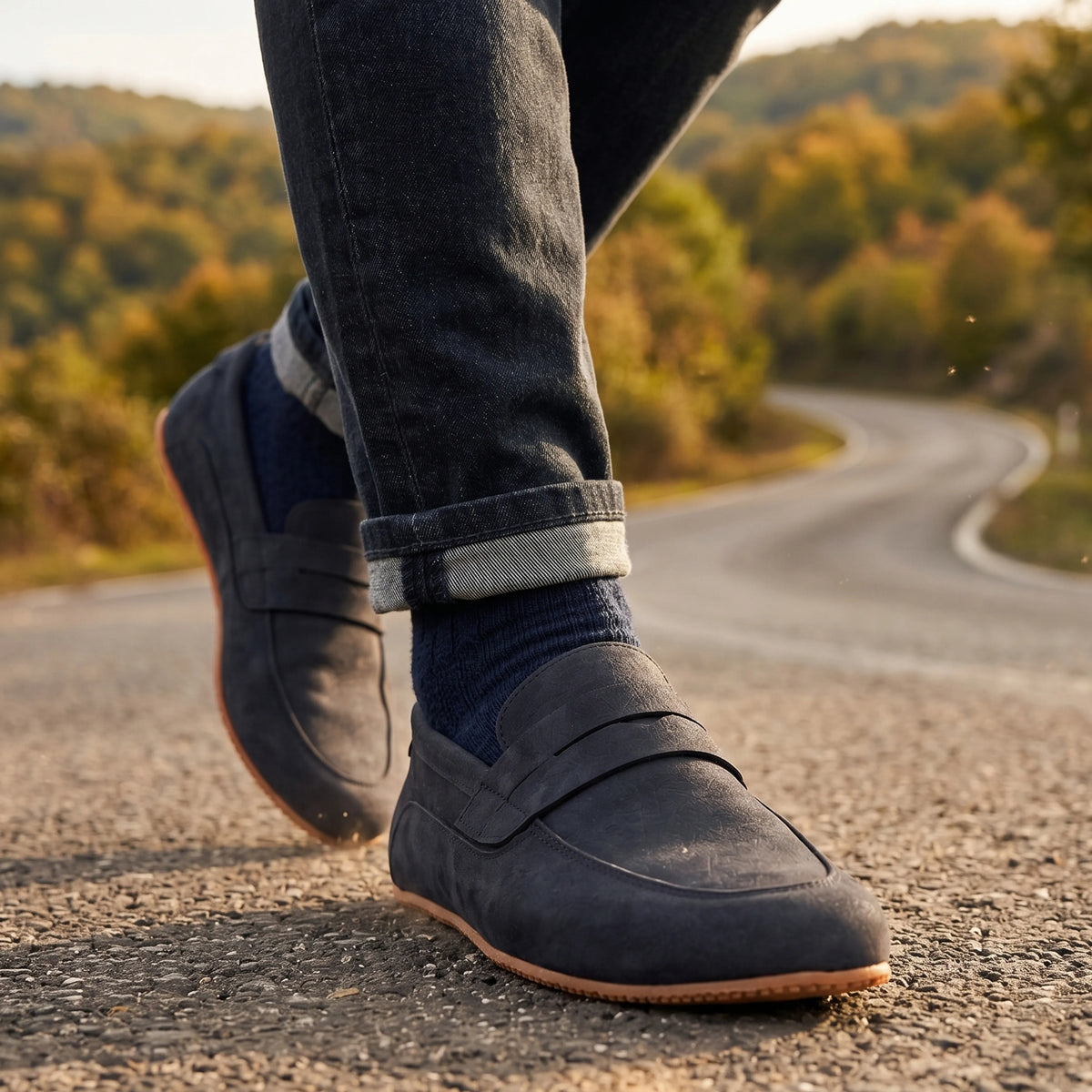 Nubuck Barefoot Penny Loafer Shoes – Rubber Sole – Navy Blue