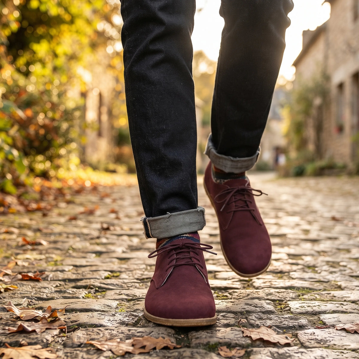 Nubuck Barefoot Oxford Shoes – Classic Sole — Leather Sole – Burgundy