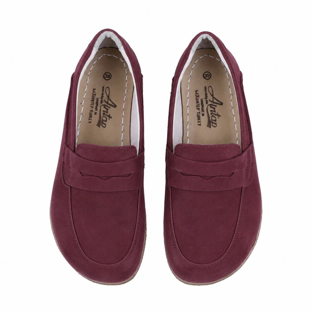 Nubuck Barefoot Penny Loafer Shoes – Classic Sole — Leather Sole – Burgundy