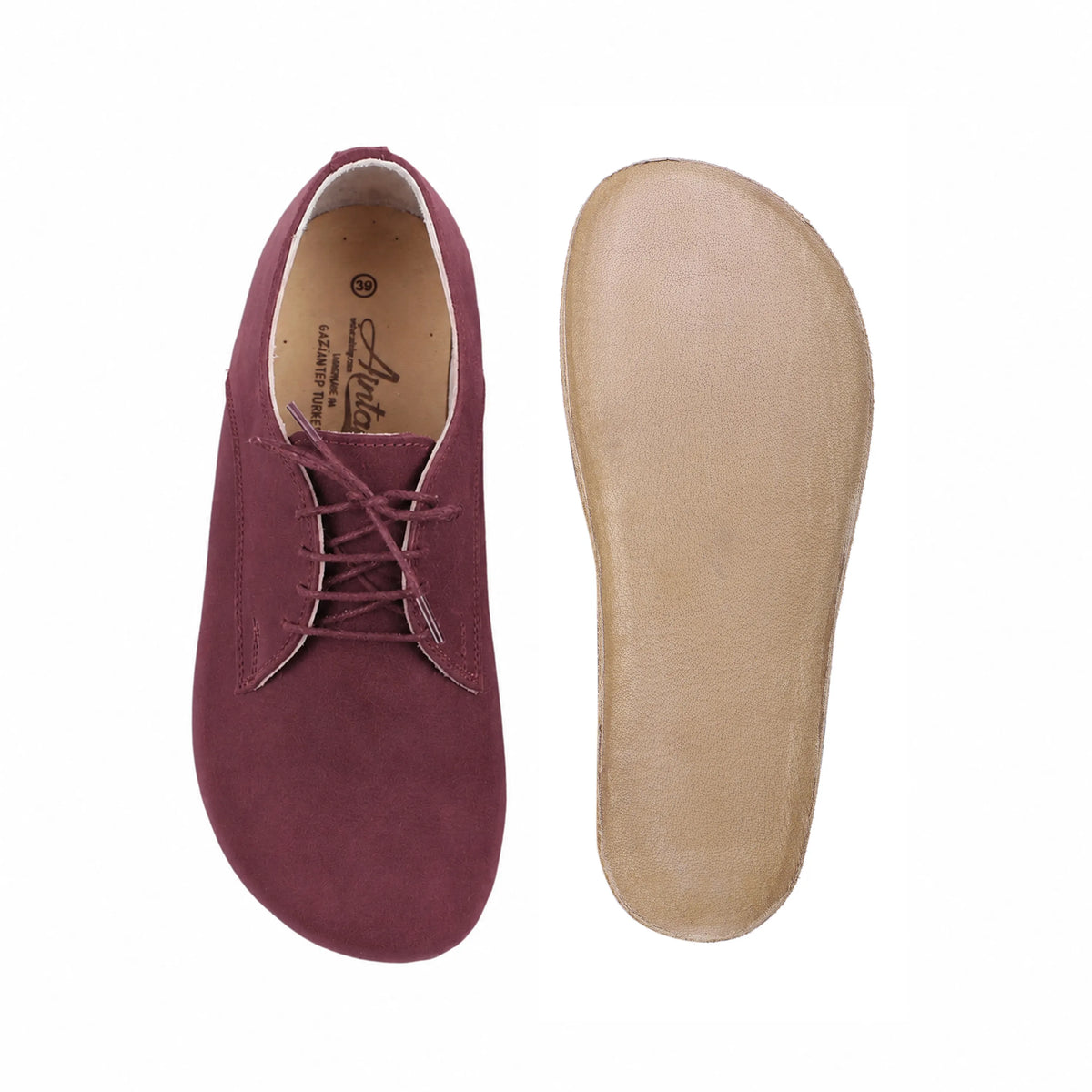 Nubuck Barefoot Oxford Shoes – Classic Sole — Leather Sole – Burgundy