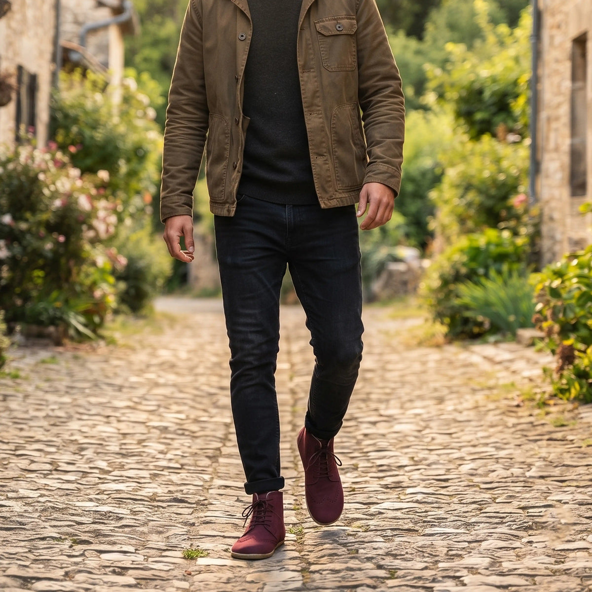 Nubuck Barefoot Moccasin Boots Shoes – Classic Sole — Leather Sole – Burgundy