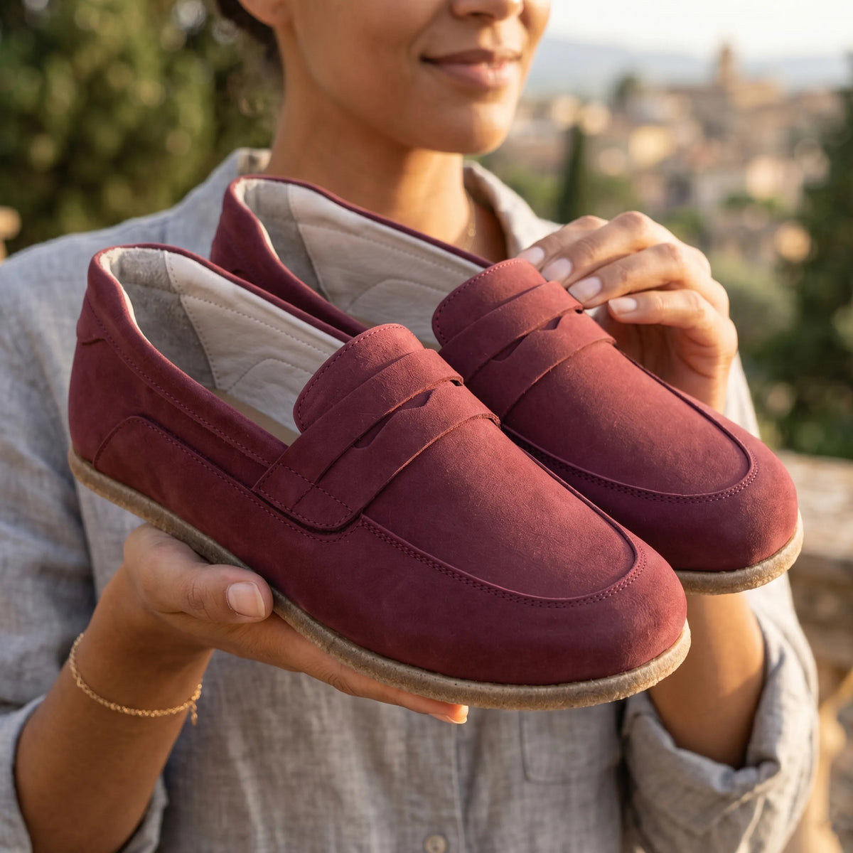 Nubuck Barefoot Penny Loafer Shoes – Classic Sole — Leather Sole – Burgundy