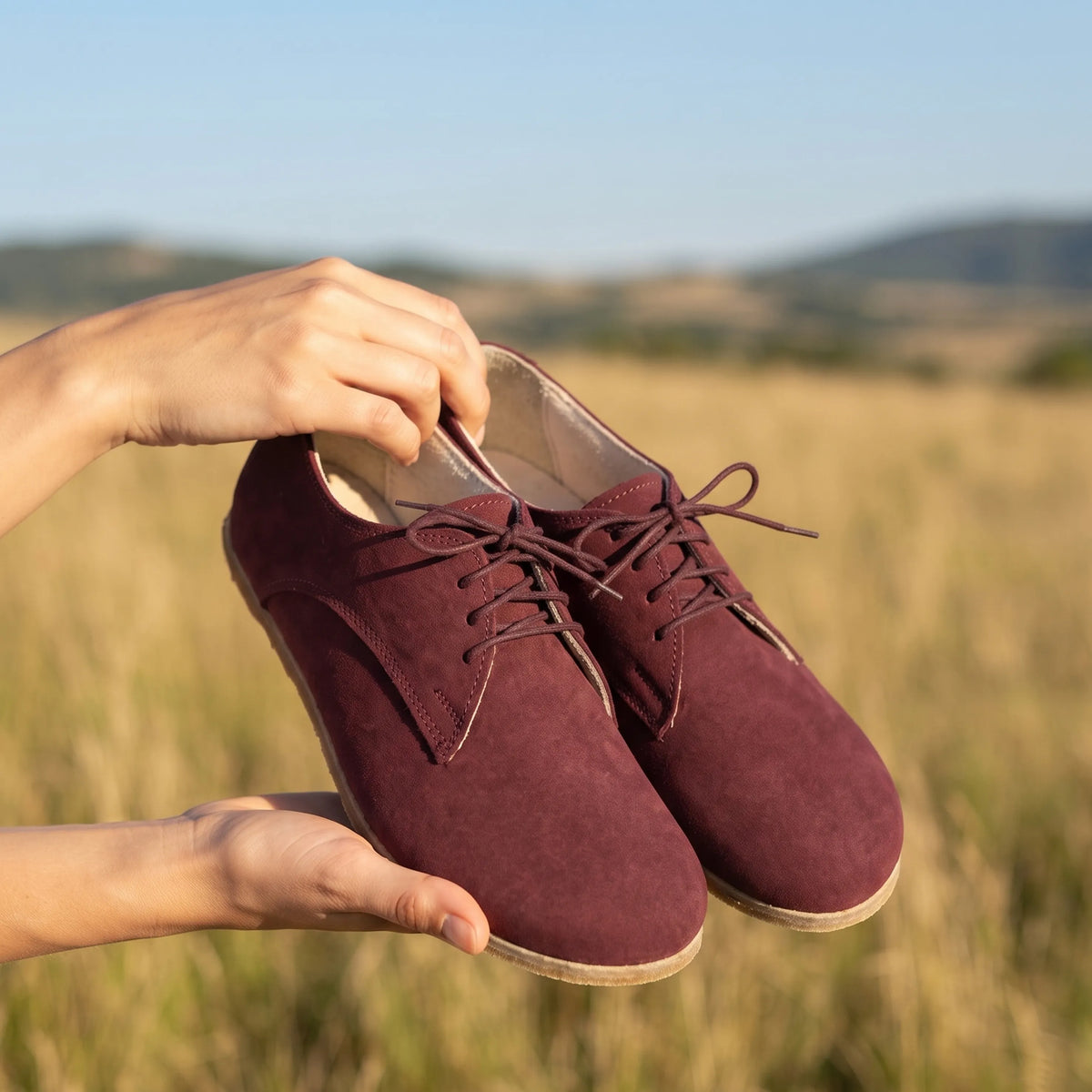Nubuck Barefoot Oxford Shoes – Classic Sole — Leather Sole – Burgundy