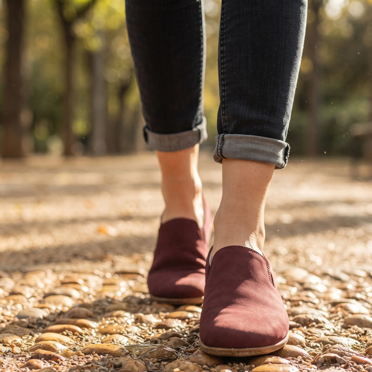 Nubuck Barefoot Slip-On Shoes – Classic Sole — Leather Sole – Burgundy