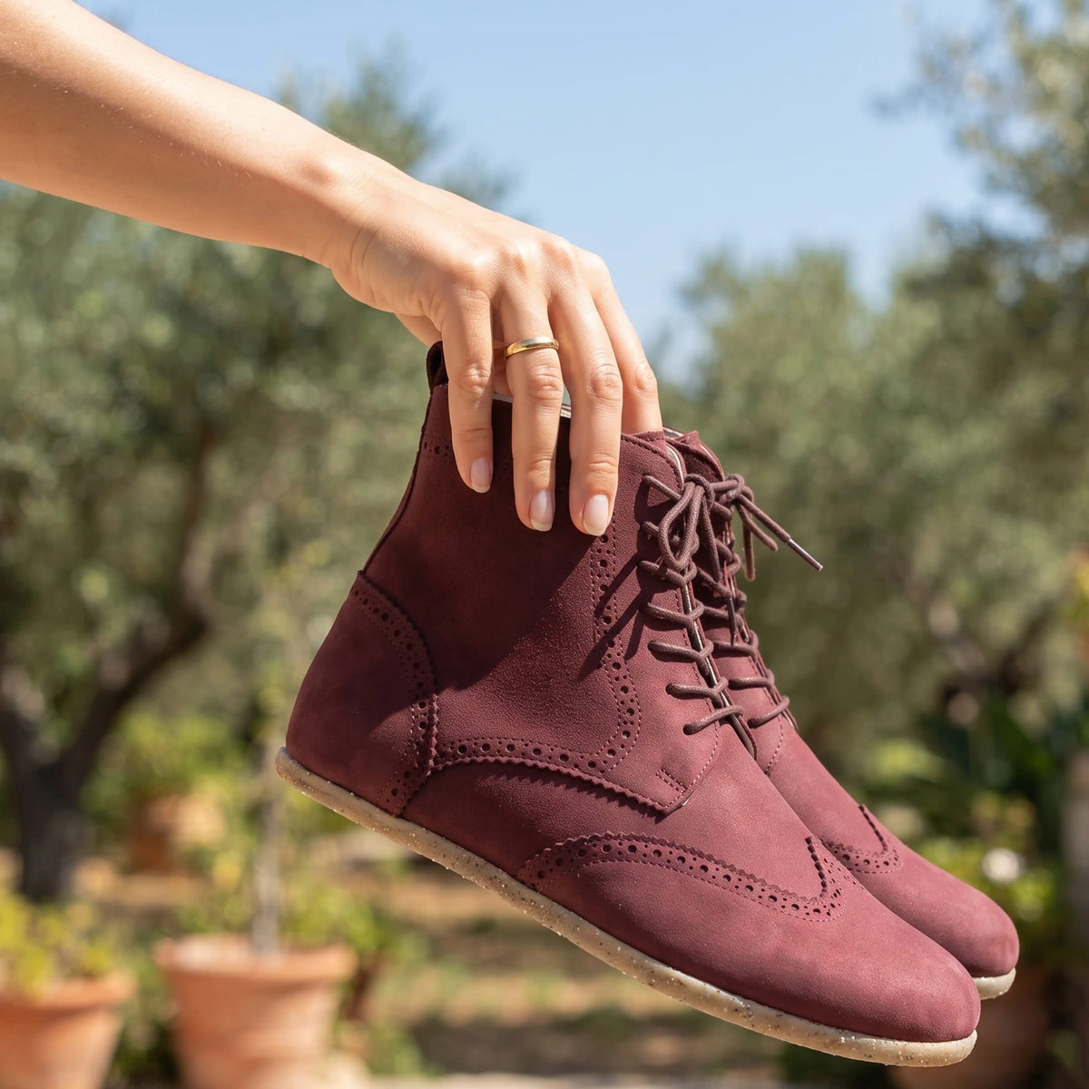 Nubuck Barefoot Moccasin Boots Shoes – Classic Sole — Leather Sole – Burgundy