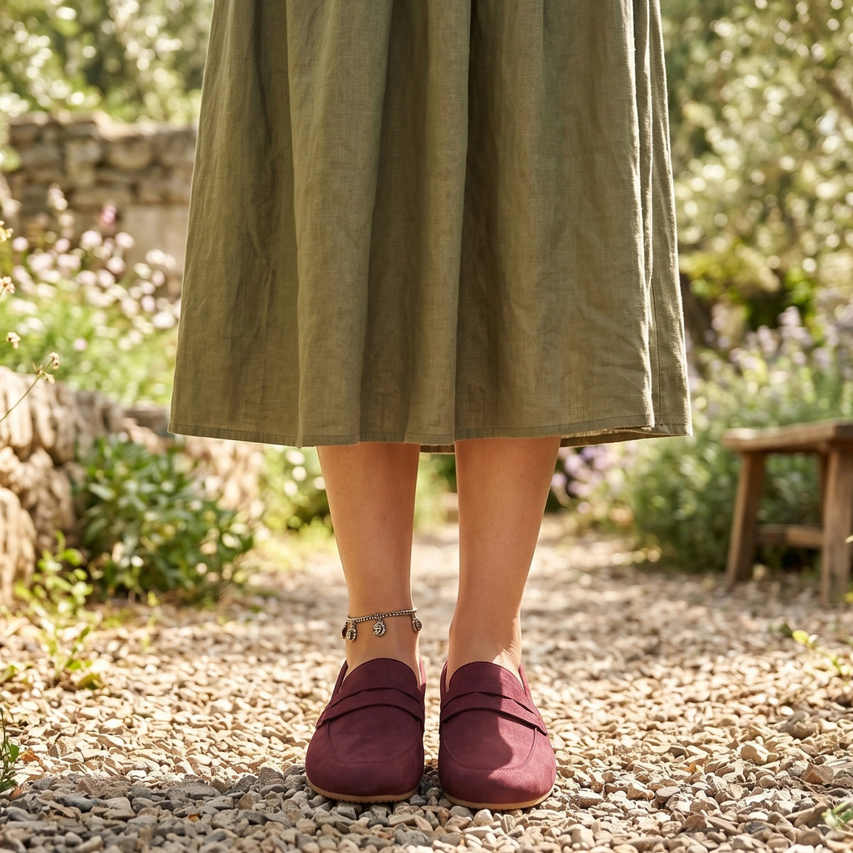 Nubuck Barefoot Penny Loafer Shoes – Rubber Sole – Burgundy