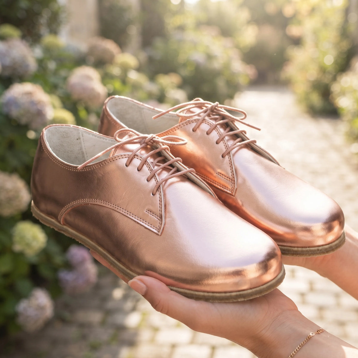 Bright Barefoot Oxford Shoes – Classic Sole — Leather Sole – Rose Gold
