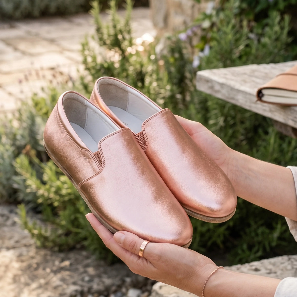 Bright Barefoot Slip-On Shoes – Classic Sole — Leather Sole – Rose Gold