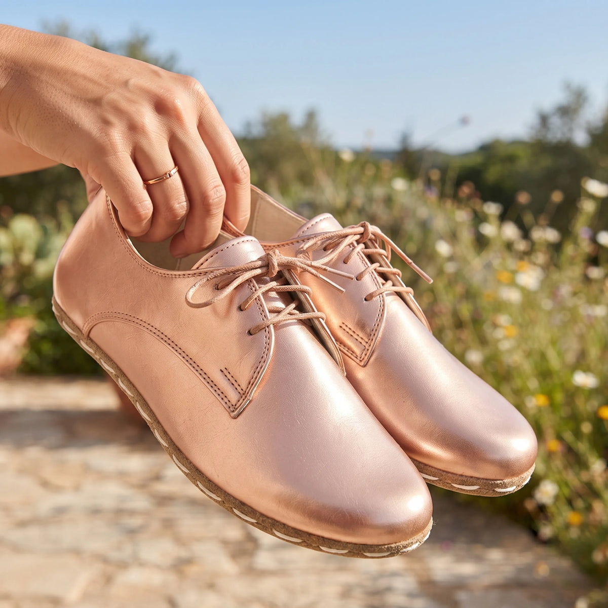 Bright Barefoot Oxford Shoes — Leather Sole – Rose Gold