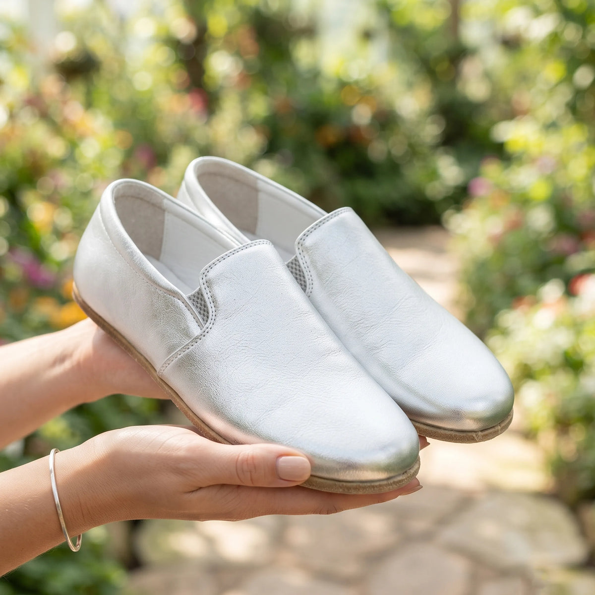 Bright Barefoot Slip-On Shoes – Classic Sole — Leather Sole – Silver