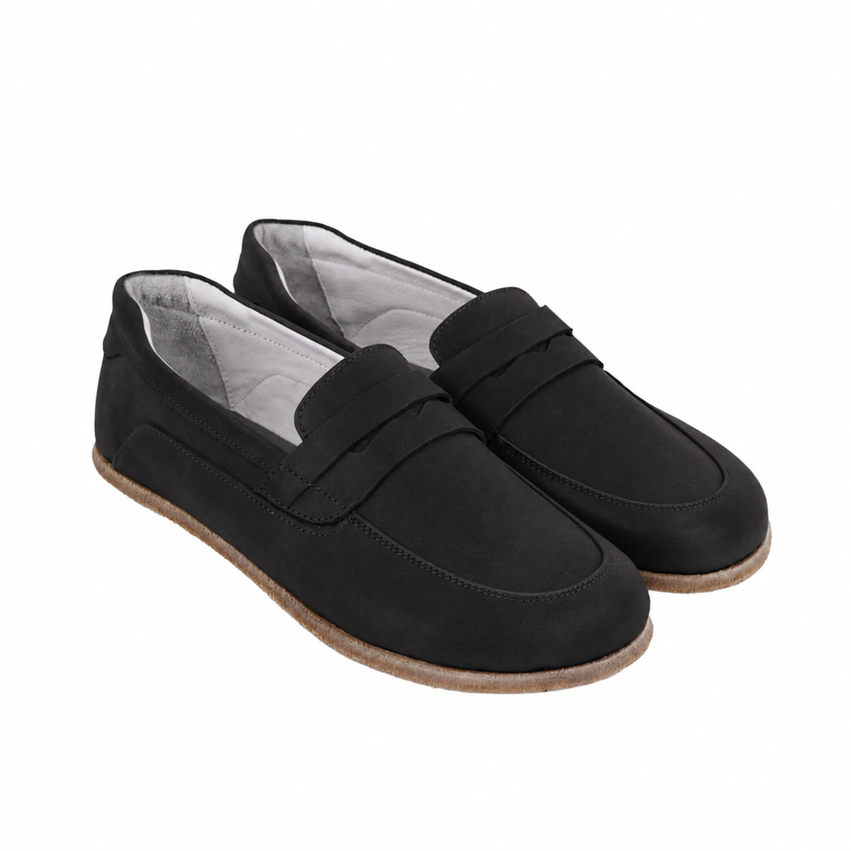 Nubuck Barefoot Penny Loafer Shoes – Classic Sole — Leather Sole – Black