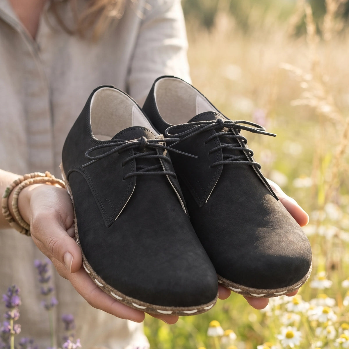 Nubuck Barefoot Oxford Shoes — Leather Sole – Black