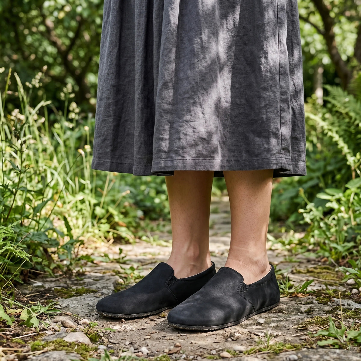 Nubuck Barefoot Slip-On Shoes – Rubber Sole – Black