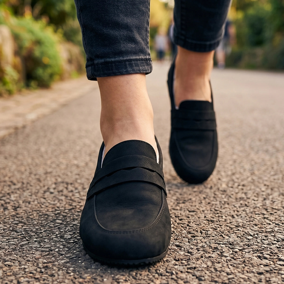 Nubuck Barefoot Penny Loafer Shoes – Rubber Sole – Black