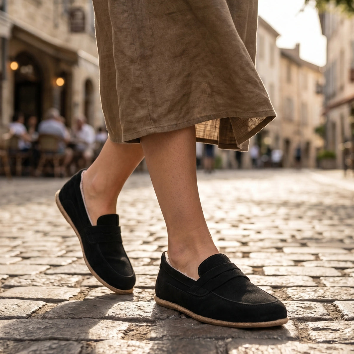 Suede Barefoot Penny Loafer Shoes – Classic Sole — Leather Sole – Black