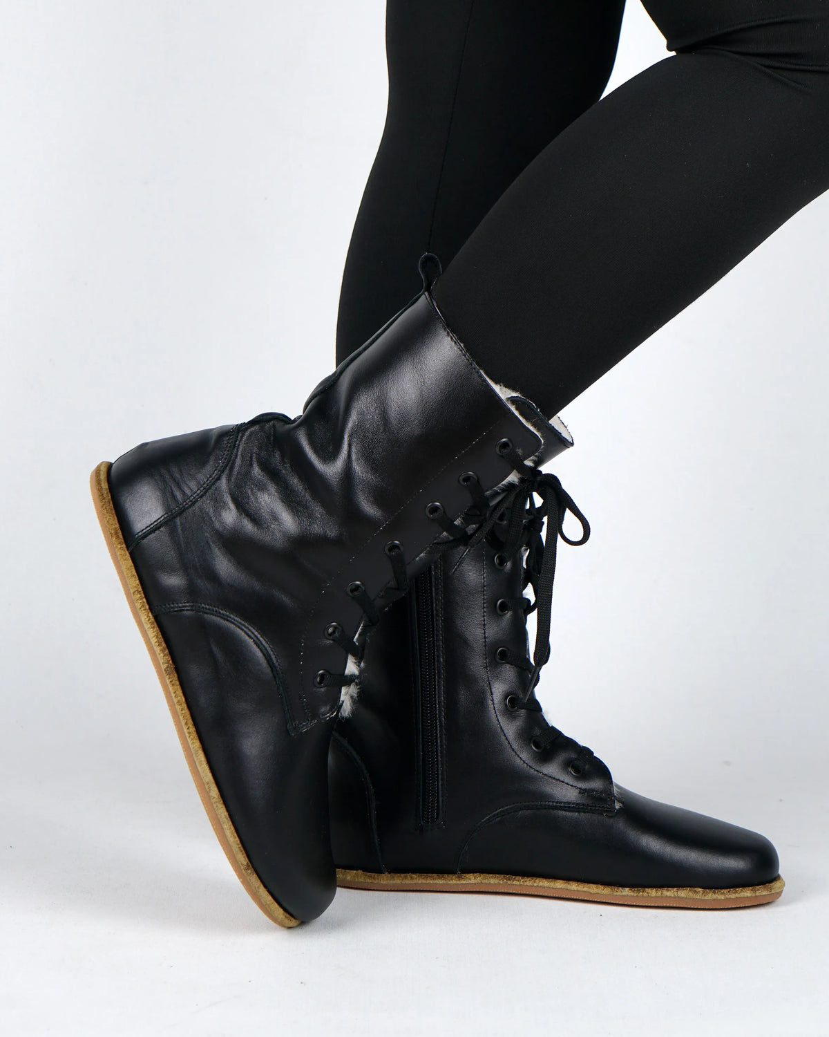 Smooth Barefoot Shearling Long Boots Shoes – Classic Sole — Leather Sole – Black