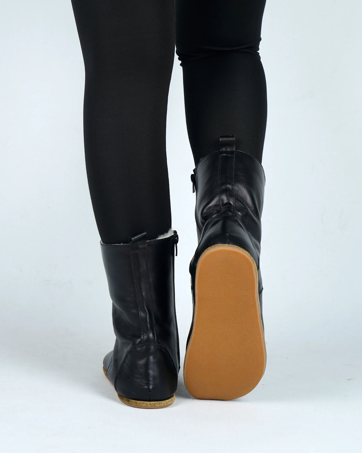 Smooth Barefoot Shearling Long Boots Shoes – Classic Sole — Leather Sole – Black