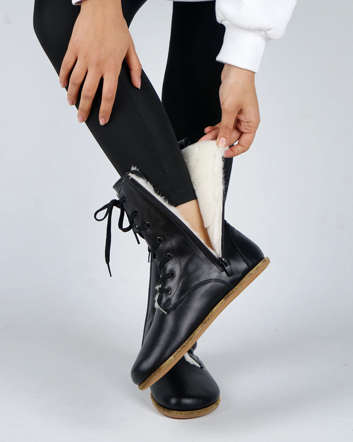 Smooth Barefoot Shearling Long Boots Shoes – Classic Sole — Leather Sole – Black