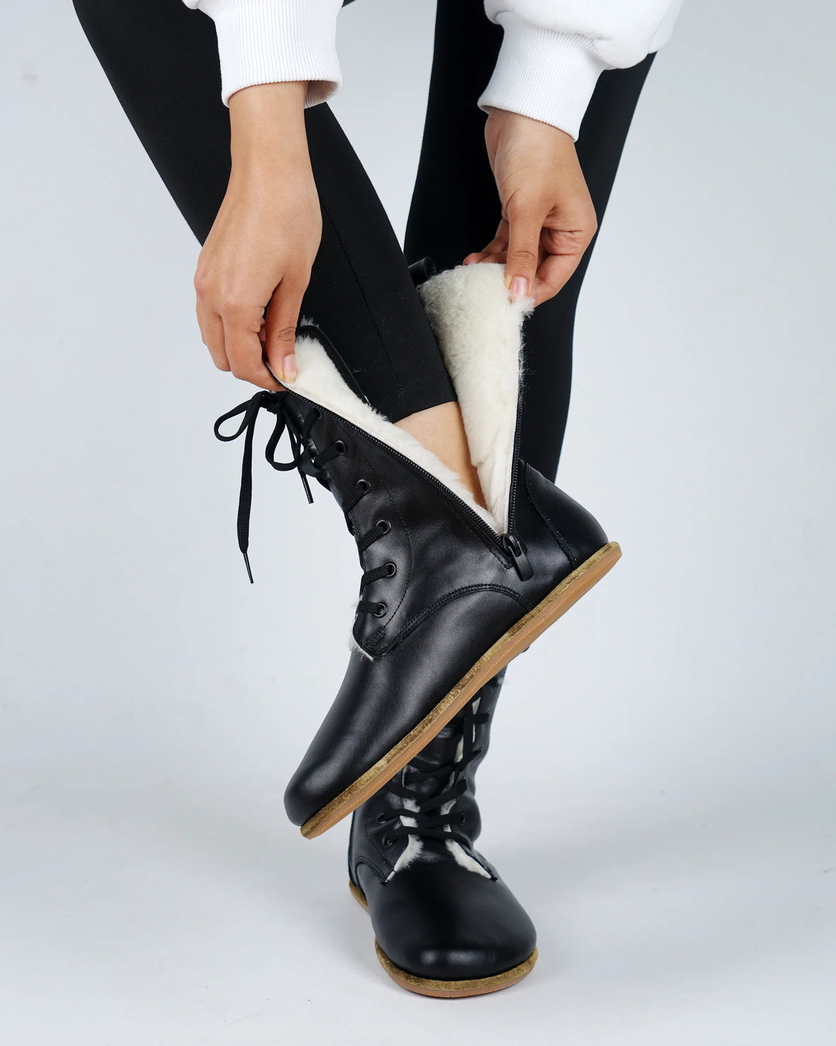 Smooth Barefoot Shearling Long Boots Shoes – Classic Sole — Leather Sole – Black
