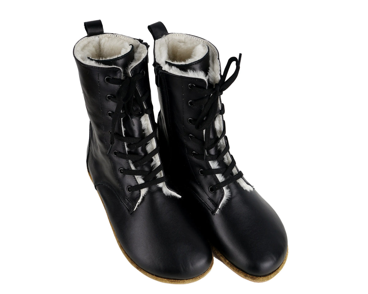 Smooth Barefoot Shearling Long Boots Shoes – Classic Sole — Leather Sole – Black