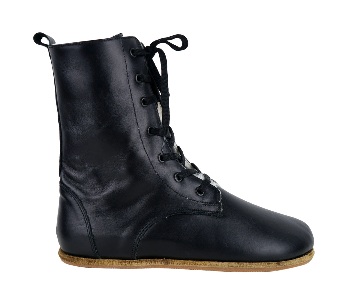 Smooth Barefoot Shearling Long Boots Shoes – Classic Sole — Leather Sole – Black