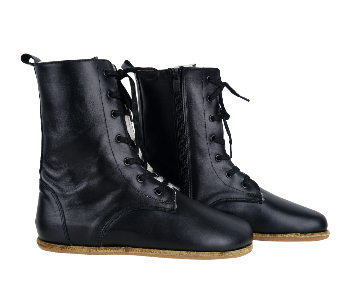 Smooth Barefoot Shearling Long Boots Shoes – Classic Sole — Leather Sole – Black
