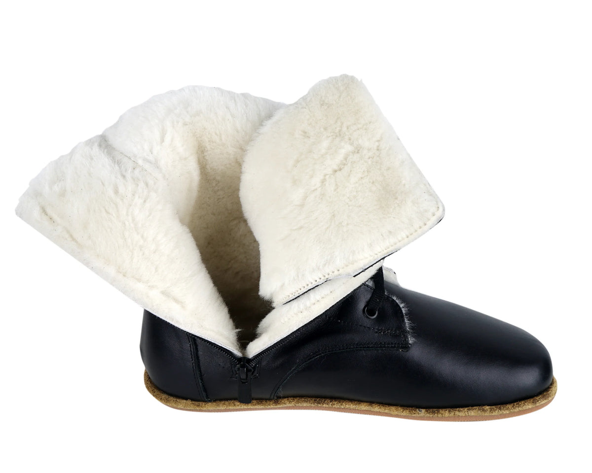Smooth Barefoot Shearling Long Boots Shoes – Classic Sole — Leather Sole – Black