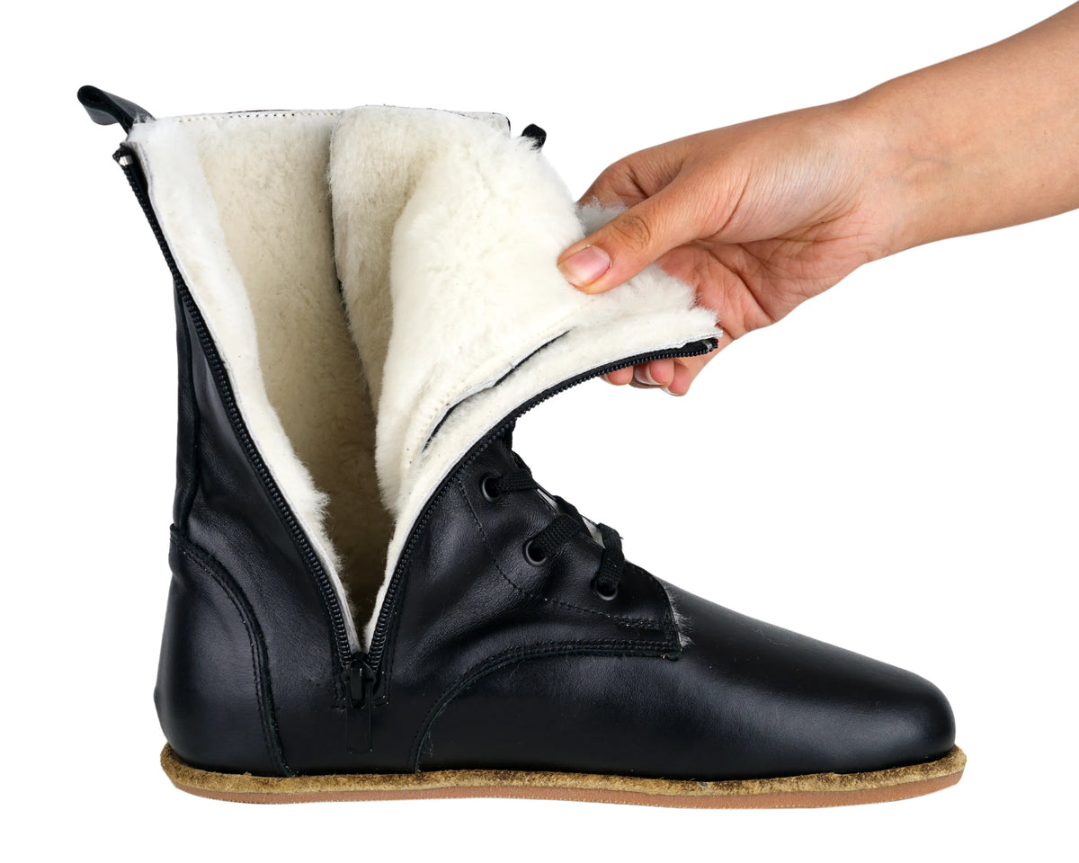 Smooth Barefoot Shearling Long Boots Shoes – Classic Sole — Leather Sole – Black