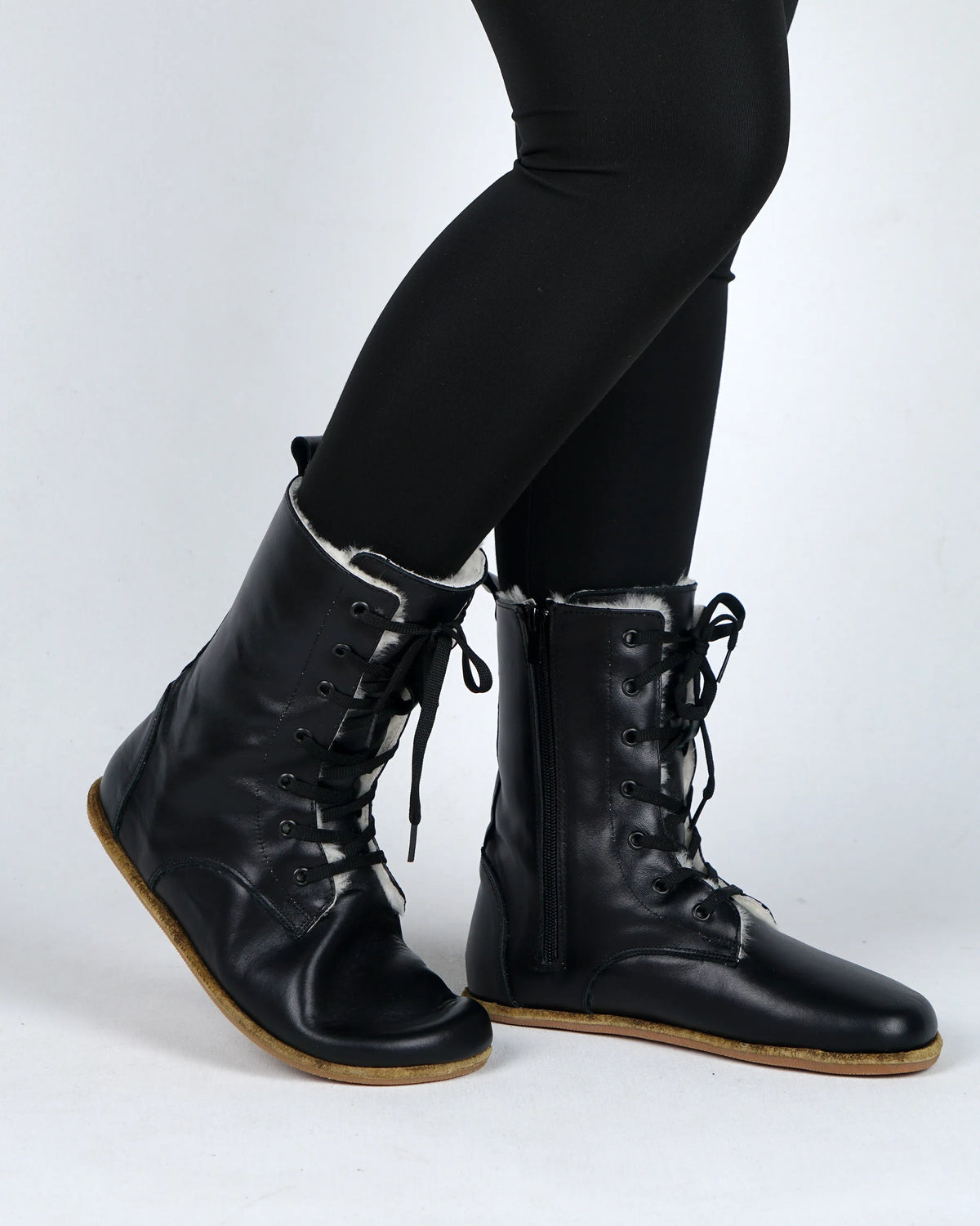 Smooth Barefoot Shearling Long Boots Shoes – Classic Sole — Leather Sole – Black