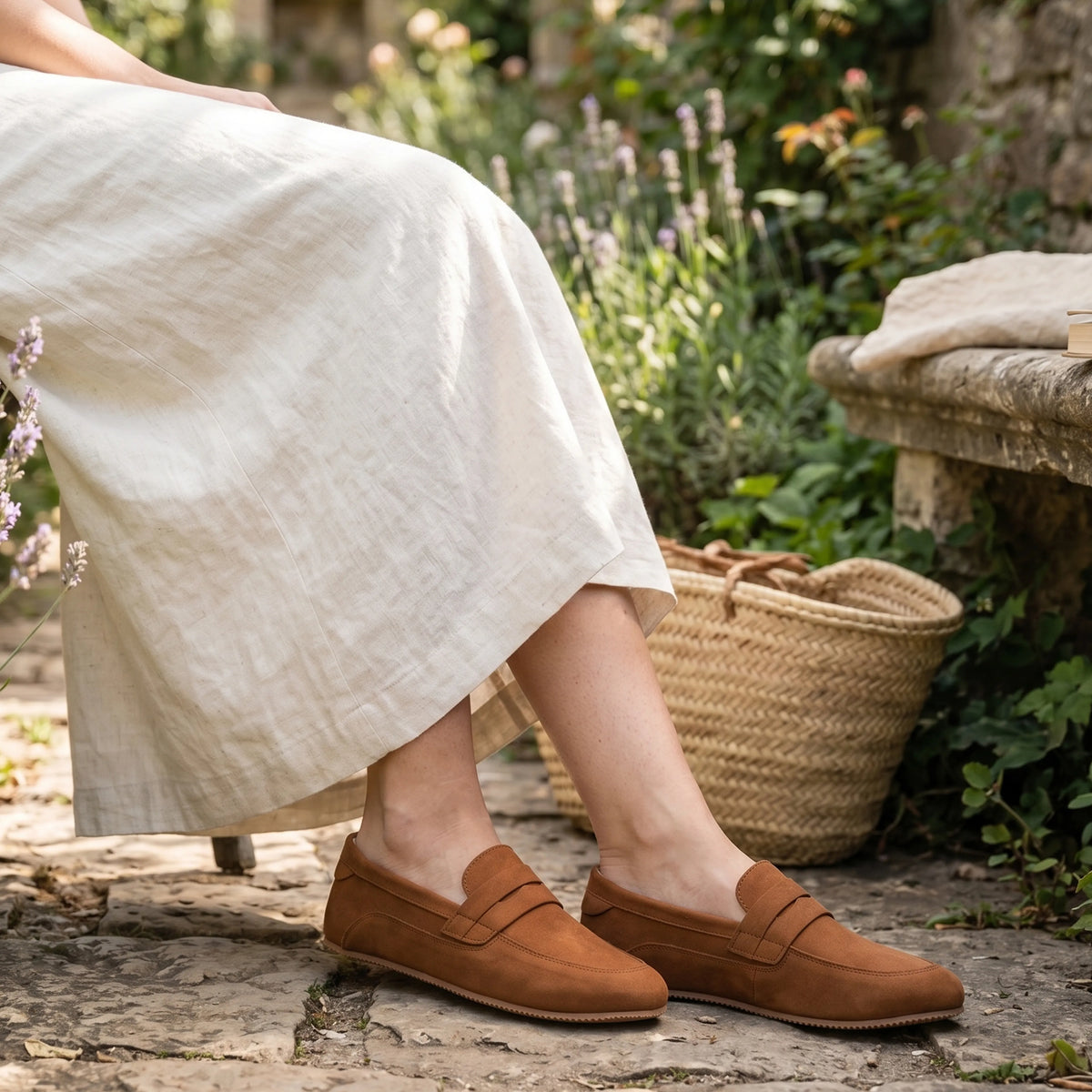 Nubuck Barefoot Penny Loafer Shoes – Rubber Sole – Tan