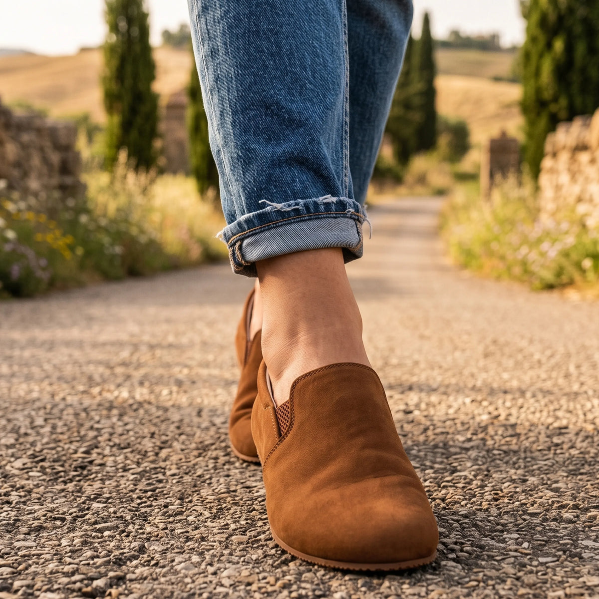 Nubuck Barefoot Slip-On Shoes – Rubber Sole – Tan