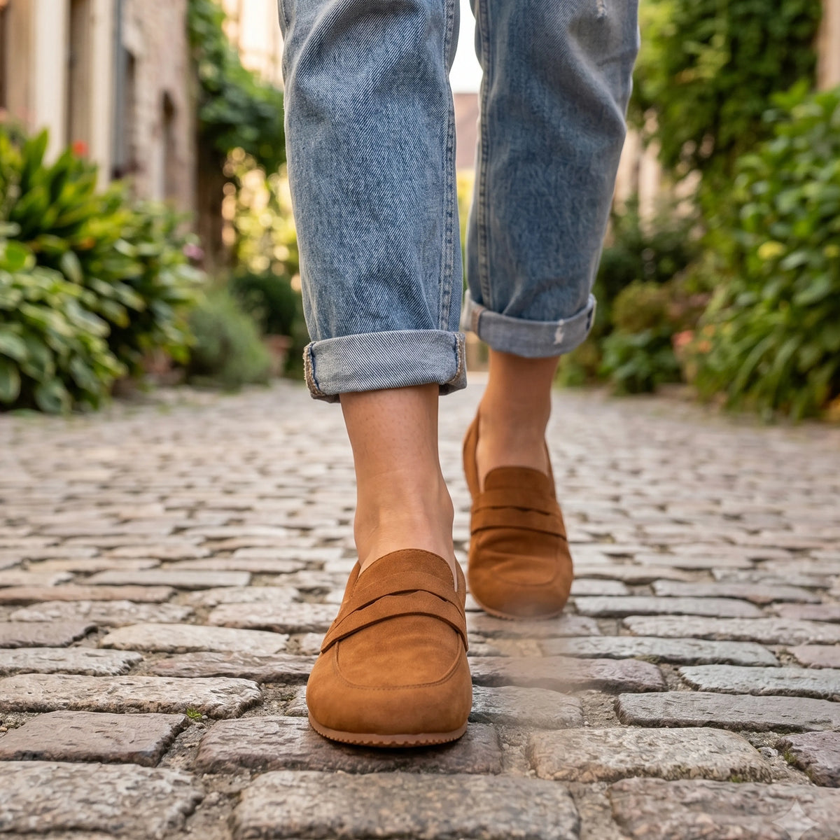 Nubuck Barefoot Penny Loafer Shoes – Rubber Sole – Tan