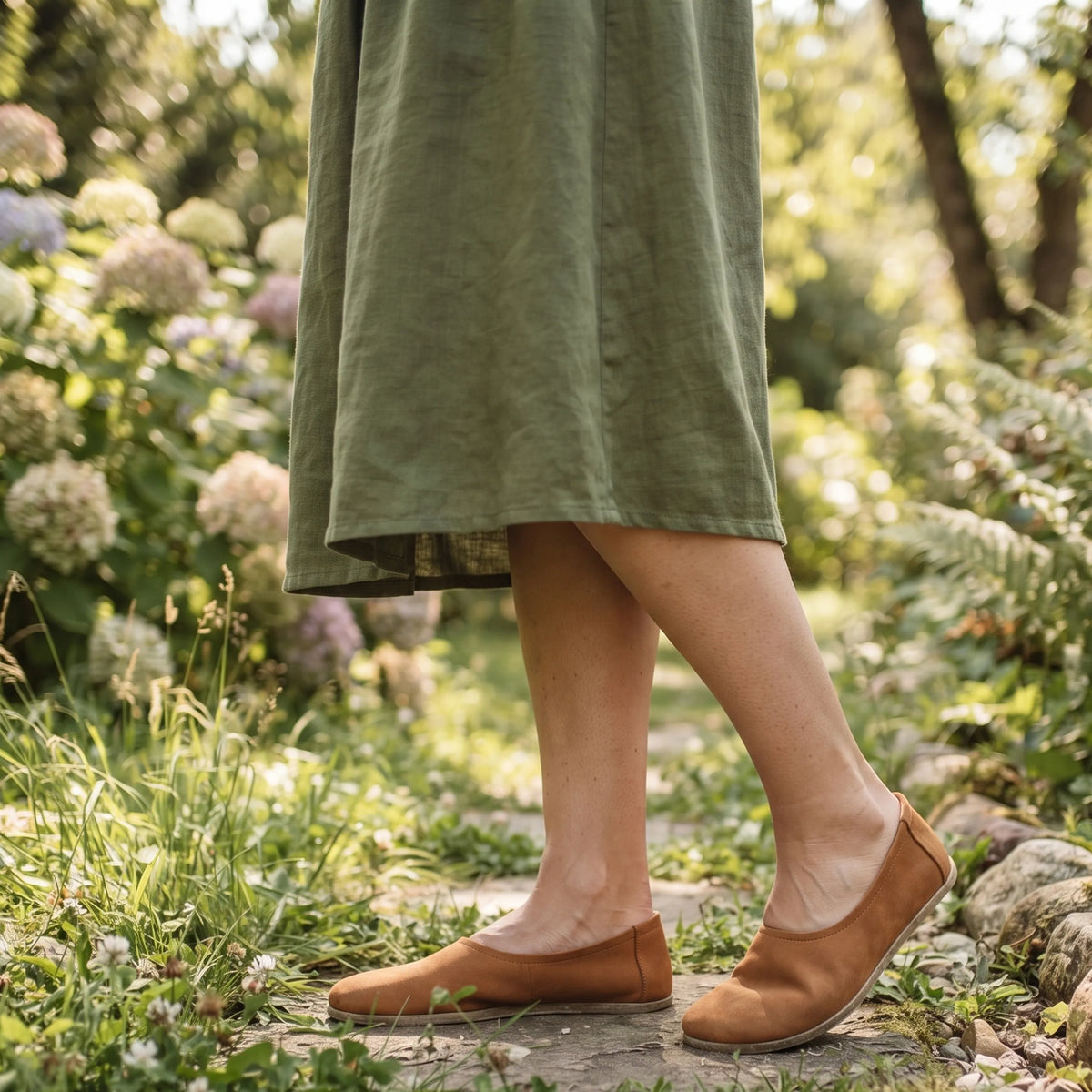Nubuck Barefoot Ballet Shoes – Classic Sole — Leather Sole – Tan