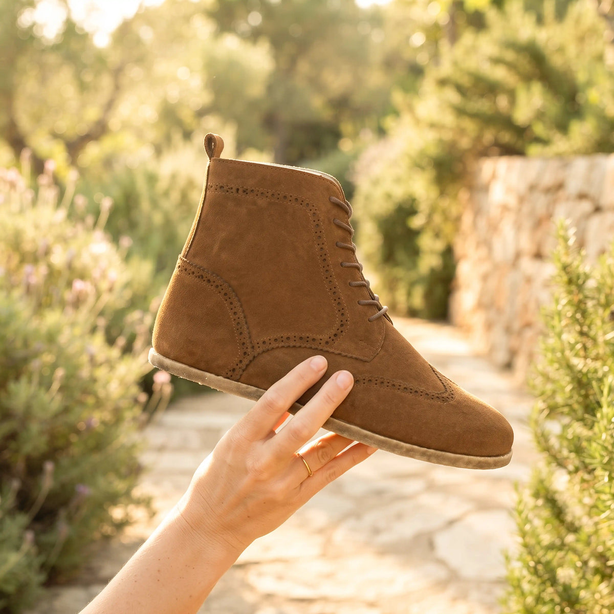 Suede Barefoot Moccasin Boots Shoes – Classic Sole — Leather Sole – Tan