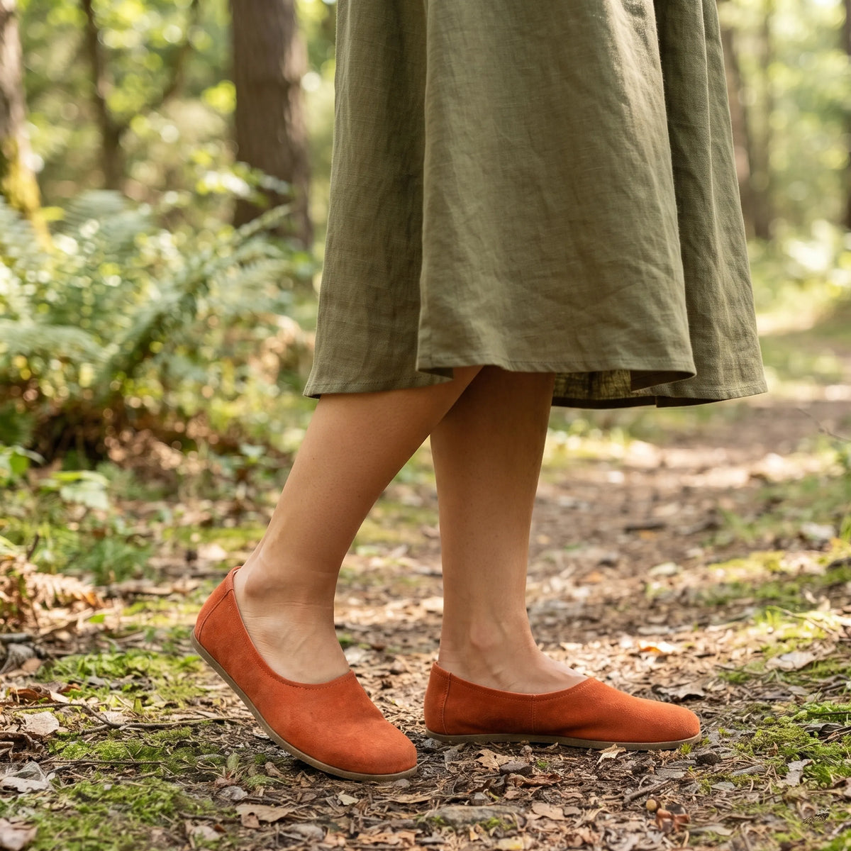 Suede Barefoot Ballet Shoes – Classic Sole — Leather Sole – Orange
