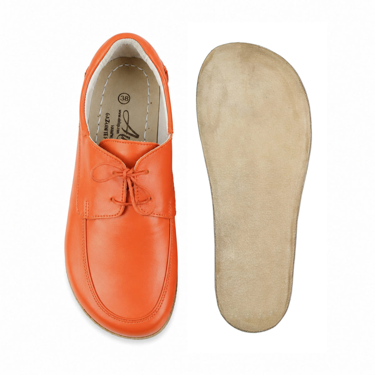 Smooth Barefoot Laces Penny Loafer Shoes – Classic Sole — Leather Sole – Orange